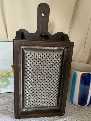 Antique Primitive Wood & Metal Kitchen Box Grater W Drawer Handmade Cheese