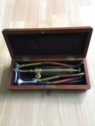 Victorian Antique Brass Medical Enema Syringe Set In Mahogany Box With Key