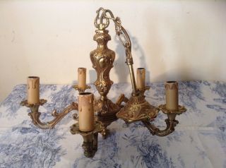 Vintage French 5 Arm Ornate Bronze Chandelier Ceiling Light (2772)
