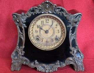 Lg Antique Ansonia Enameled Iron 8 Day Mantle Clock Project T & S