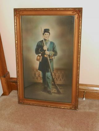 Old Large Civil War Union Soldier & Rifle Framed Picture Colorized Military