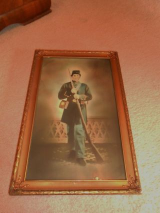 OLD LARGE CIVIL WAR UNION SOLDIER & RIFLE FRAMED PICTURE COLORIZED MILITARY 2