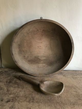 Big Old Antique Wooden Dough Bowl & Treen Paddle Scoop Handmade Aafa Patina