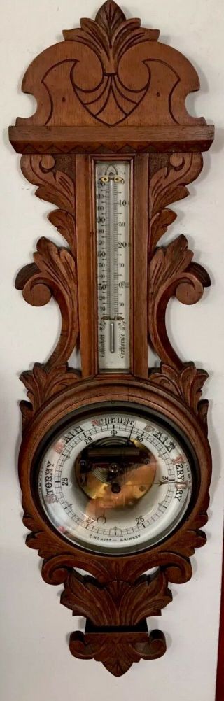 Wonderful Antique English Oak Barometer Thermometer
