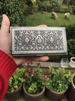 Antique Islam Persian Ghajare Solid Silver Cigarette Jewellery Box Case 3d Birds