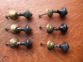 Six Antique Fancy Brass & Ebonized Wood Cabinet Drawer Pulls C1885