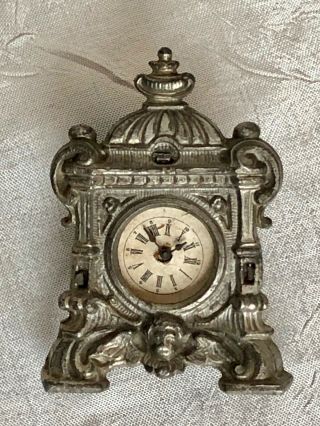 Antique German Miniature Dollhouse Mantel Wind - Up Clock W Key 2 " W X 2 3/4 " H