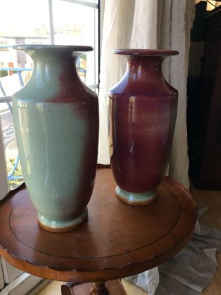 Apple Green And Ox Blood Flambe Crackle Glaze Vases 19th C