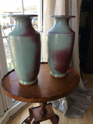 Apple Green And Ox Blood Flambe Crackle Glaze Vases 19th C 5