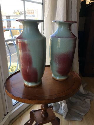 Apple Green And Ox Blood Flambe Crackle Glaze Vases 19th C 8
