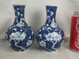 Pair 19th C Chinese Porcelain Kangxi Marks Blue And White Prunus Bottle Vases