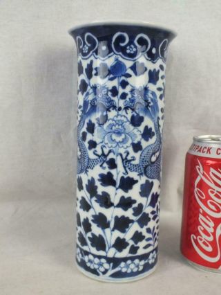 19th C Chinese Kangxi Marks Blue And White Double Dragons Sleeve Vase