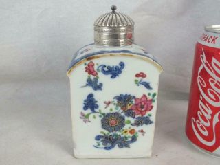 18th C Chinese Porcelain Blue & White Famille Rose Tea Canister And Silver Top