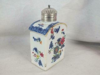 18TH C CHINESE PORCELAIN BLUE & WHITE FAMILLE ROSE TEA CANISTER AND SILVER TOP 2