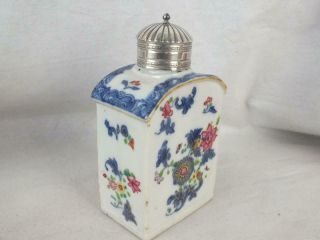 18TH C CHINESE PORCELAIN BLUE & WHITE FAMILLE ROSE TEA CANISTER AND SILVER TOP 4