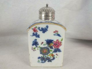 18TH C CHINESE PORCELAIN BLUE & WHITE FAMILLE ROSE TEA CANISTER AND SILVER TOP 5