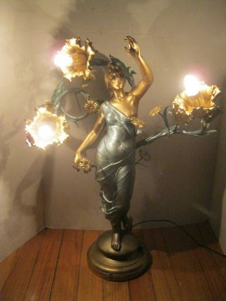 Rare Antique Art Nouveau French Ansonia Clock Co Electrolier statue Light Lamp 12