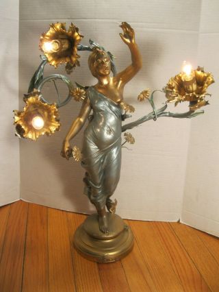 Rare Antique Art Nouveau French Ansonia Clock Co Electrolier Statue Light Lamp
