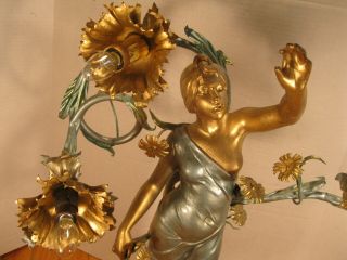 Rare Antique Art Nouveau French Ansonia Clock Co Electrolier statue Light Lamp 3
