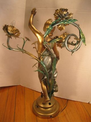 Rare Antique Art Nouveau French Ansonia Clock Co Electrolier statue Light Lamp 5