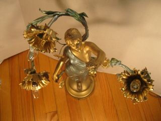 Rare Antique Art Nouveau French Ansonia Clock Co Electrolier statue Light Lamp 8