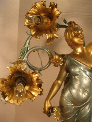 Rare Antique Art Nouveau French Ansonia Clock Co Electrolier statue Light Lamp 9