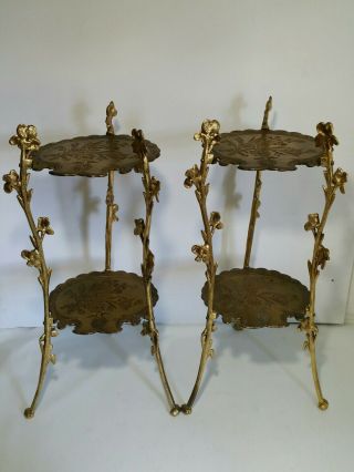 2x Vtg Italian Regency 2 - Tier Gilt End Table (plant Stand Pedestal) Brass Flower