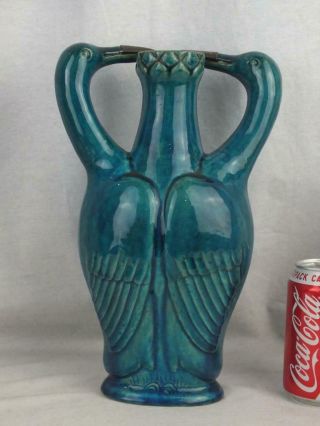 18th C Chinese Porcelain Turquoise Monochrome Double Bird Metal Beaks Vase