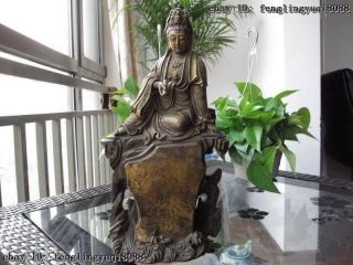 15 Tibet Old Copper Bronze Kwan - Yin Guanyin Bodhisattva Buddha Sit On Hill