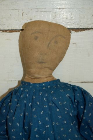 early cloth rag doll with her duck,  on old body,  early blue calico fabric 11