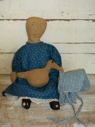 early cloth rag doll with her duck,  on old body,  early blue calico fabric 12