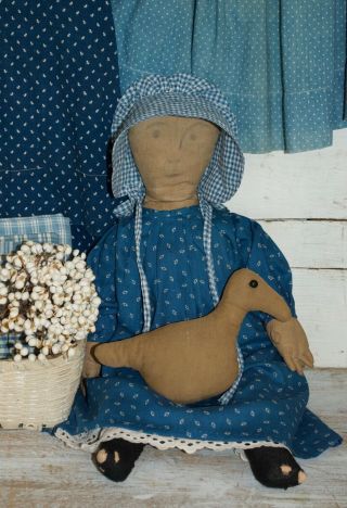 Early Cloth Rag Doll With Her Duck,  On Old Body,  Early Blue Calico Fabric