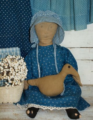 early cloth rag doll with her duck,  on old body,  early blue calico fabric 2