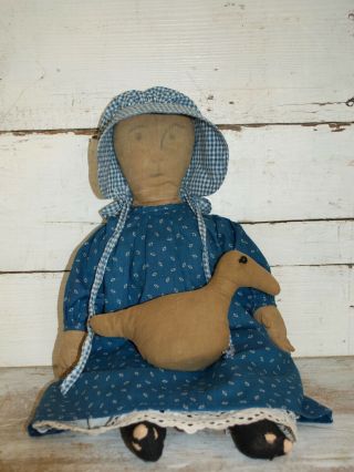early cloth rag doll with her duck,  on old body,  early blue calico fabric 4
