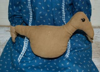 early cloth rag doll with her duck,  on old body,  early blue calico fabric 6