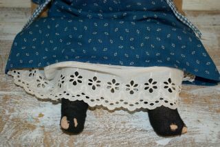 early cloth rag doll with her duck,  on old body,  early blue calico fabric 8