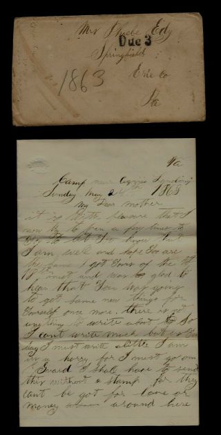 111th Pennsylvania Infantry Civil War Letter - Camp Near Aquia Landing,  Virginia