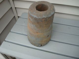 9 " Early Antique Primitive Old Wooden Mortar / Remnants Of Old Blue Paint