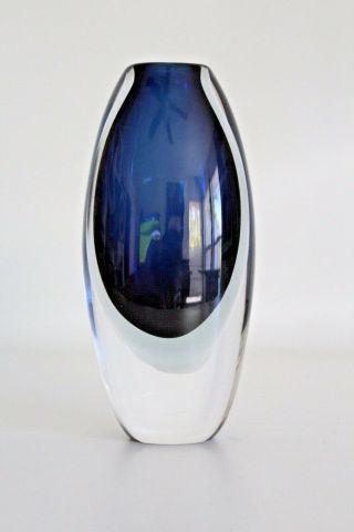 Lindstrand Vtg Mid Century Modern Blue Sommerso Art Glass Vase Kosta Boda Sweden 4