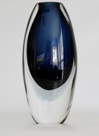 Lindstrand Vtg Mid Century Modern Blue Sommerso Art Glass Vase Kosta Boda Sweden 8