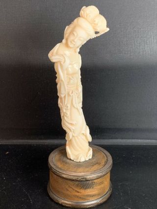 Rare Chinese Antique Carved White Coral Lady On Wood Stand 19th Century
