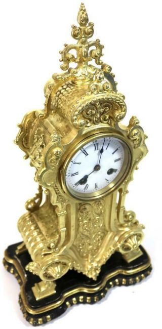 Antique French Mantle Clock 1855 Japy Freres Embossed Gilt Bronze Bell Striking 4