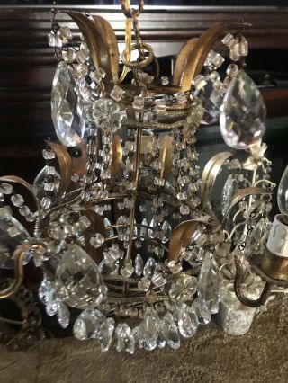 Vintage Italian Tole Chandelier Prisms Beaded Crystals 3 Light Signed 1950