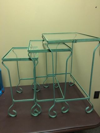 Mid Century Modern Metal Nesting Tables With Glass Tops