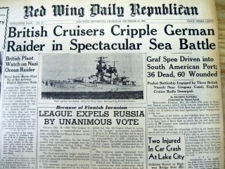 3 1939 Ww Ii Newspapers Nazi Cruiser Graf Spee Scuttled By Nazis In Uruguay