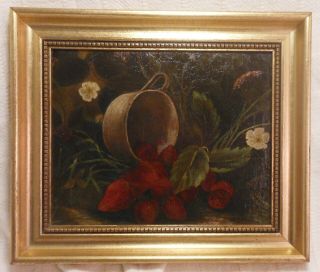 Wonderful Small19th Century Oil On Canvas Still Life W Strawberries & Blossoms