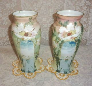 Two Bristol Glass Hand Painted Sailboat Scenic Art Nouveau Style Vases