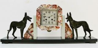 Antique French 8 Day Art Deco Mantel Clock Dog Figures Bell Strike Mantel Clock