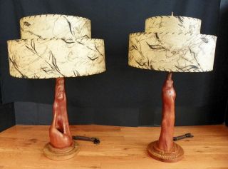 2 Mcm Mid Century Modern Cypress Driftwood Lamps W/ 2 Tiered Fiberglass Shades