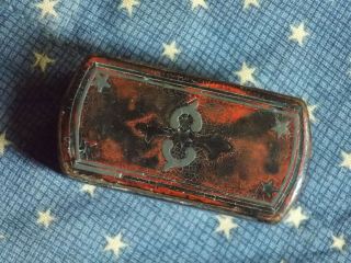 Civil War era soldier ' s Paper Mache snuff box with inlaid stars and designs 5